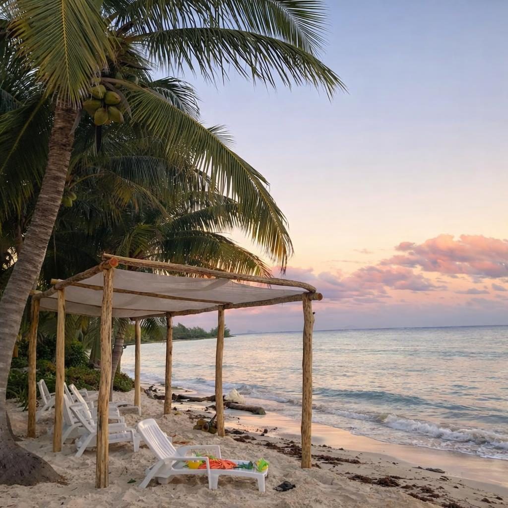 Private beach at sunset — palapa, white sand, Caribbean Sea